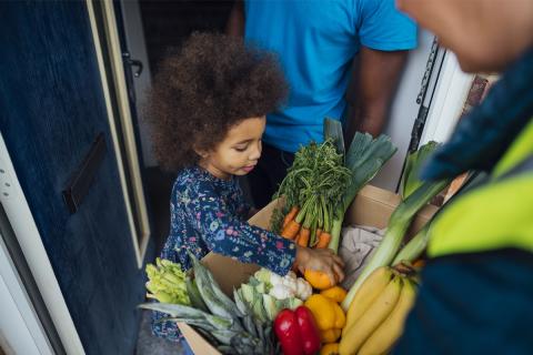 A child digs through a box full of fresh fruits and vegetables that have been delivered to his home.