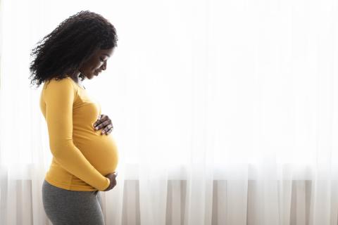 Woman serenely cradles pregnant belly while lit from window.